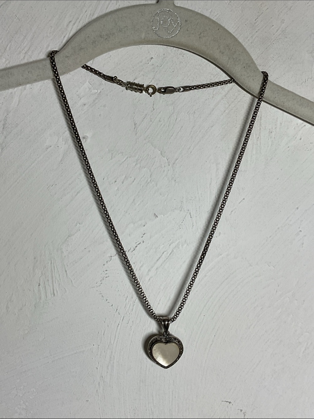 925 Sterling Silver Mother of Pearl Heart Pendant Necklace Marcasite Box Chain
